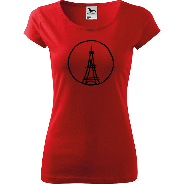 Ručně malované dámské triko Pure - Eiffelovka Velikost trička: XXL, Barva trička: ČERVENÁ, Barva motivu: ČERNÁ