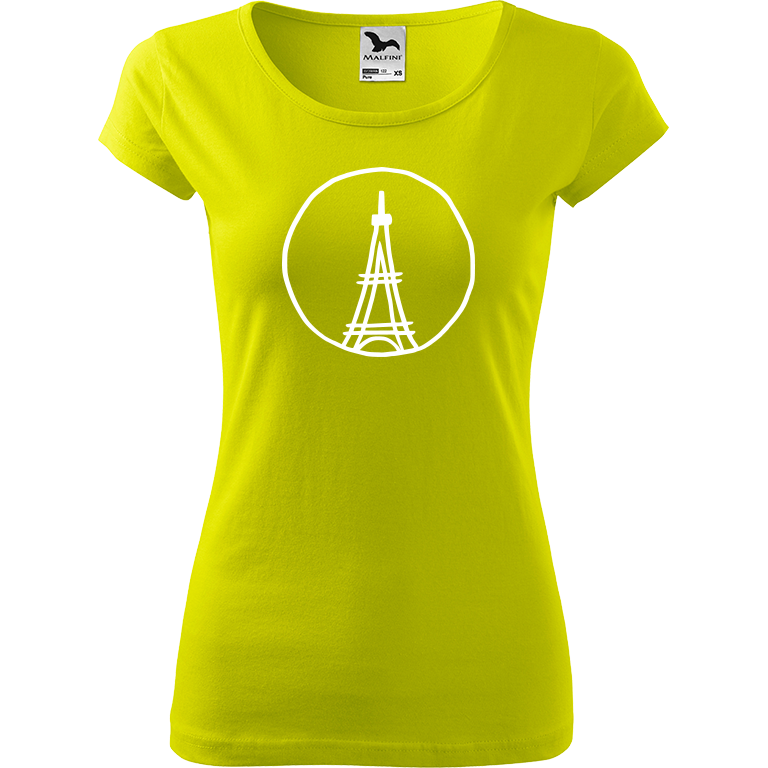 Ručně malované dámské triko Pure - Eiffelovka Velikost trička: XS, Barva trička: LIMETKOVÁ, Barva motivu: BÍLÁ