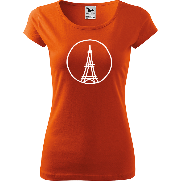 Ručně malované dámské triko Pure - Eiffelovka Velikost trička: XS, Barva trička: ORANŽOVÁ, Barva motivu: BÍLÁ