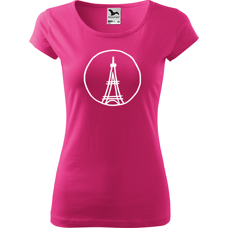 Ručně malované dámské triko Pure - Eiffelovka Velikost trička: XS, Barva trička: RŮŽOVÁ, Barva motivu: BÍLÁ