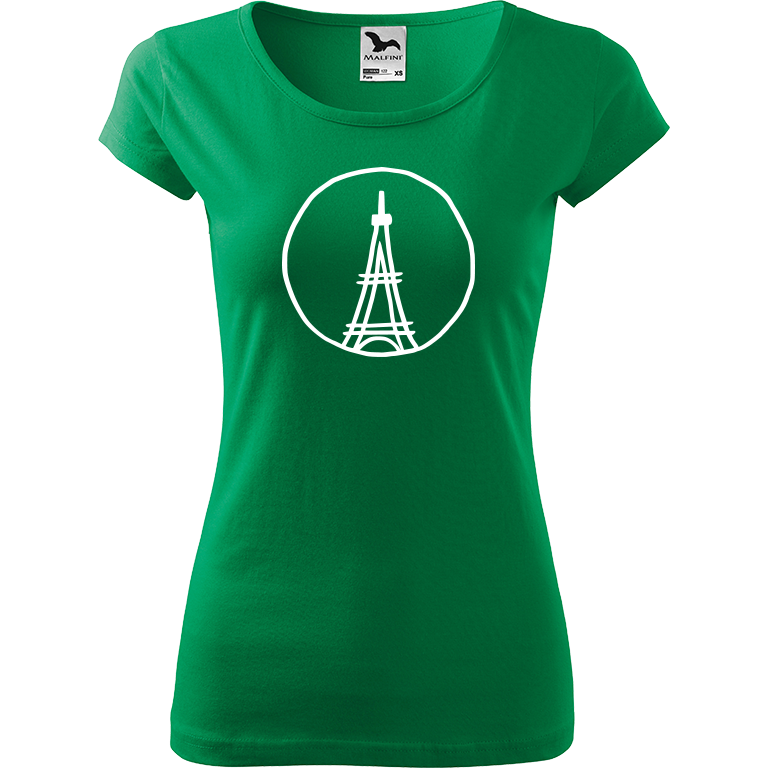 Ručně malované dámské triko Pure - Eiffelovka Velikost trička: XS, Barva trička: STŘEDNĚ ZELENÁ, Barva motivu: BÍLÁ