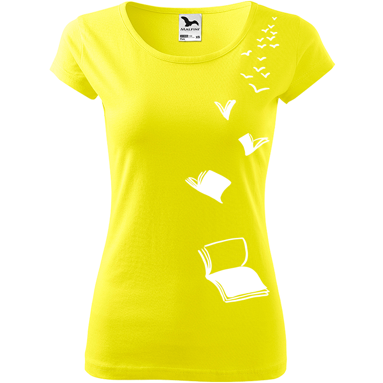 Ručně malované dámské triko Pure - Létající knihy Velikost trička: XL, Barva trička: CITRONOVÁ, Barva motivu: BÍLÁ