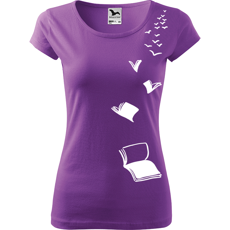 Ručně malované dámské triko Pure - Létající knihy Velikost trička: XL, Barva trička: FIALOVÁ, Barva motivu: BÍLÁ
