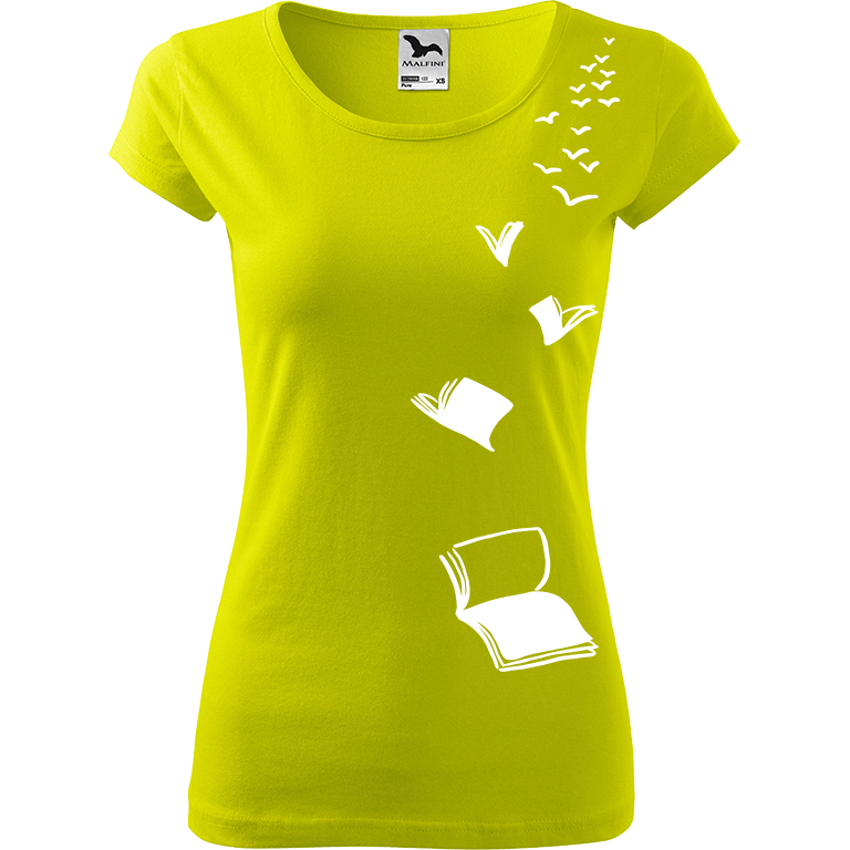 Ručně malované dámské triko Pure - Létající knihy Velikost trička: XL, Barva trička: LIMETKOVÁ, Barva motivu: BÍLÁ