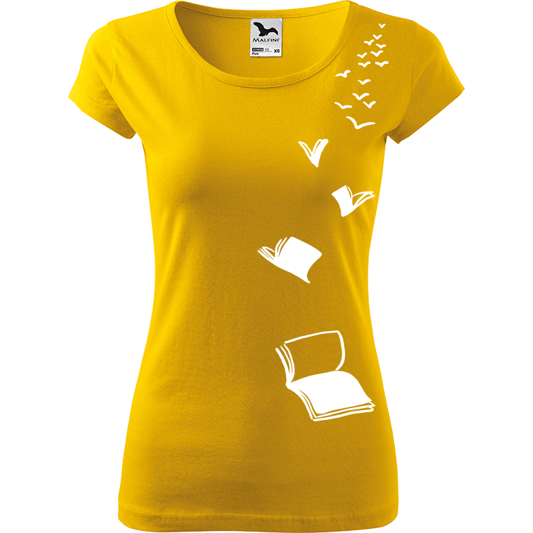 Ručně malované dámské triko Pure - Létající knihy Velikost trička: XL, Barva trička: ŽLUTÁ, Barva motivu: BÍLÁ