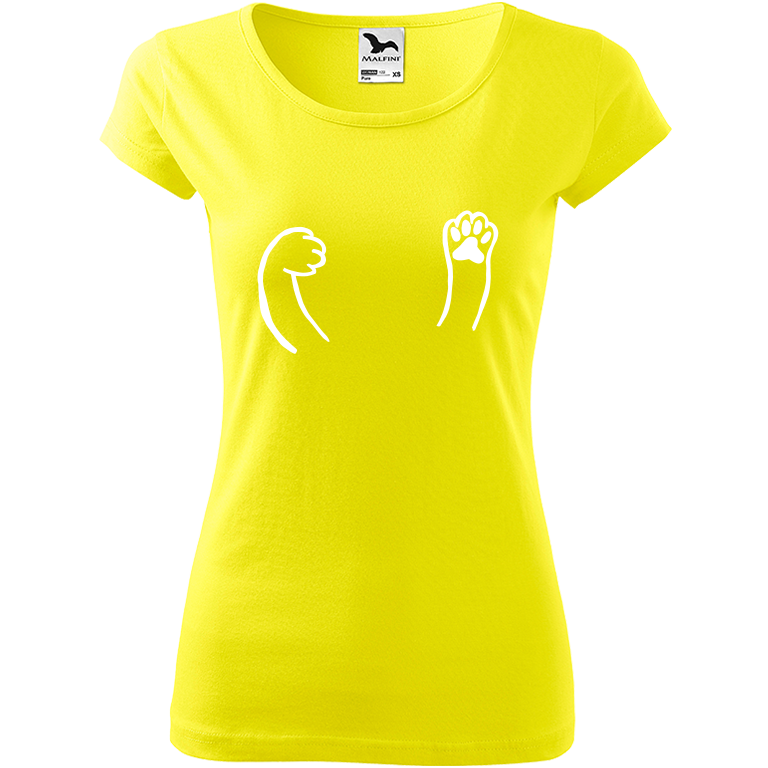Ručně malované dámské triko Pure - Kočičí packy Velikost trička: XL, Barva trička: CITRONOVÁ, Barva motivu: BÍLÁ