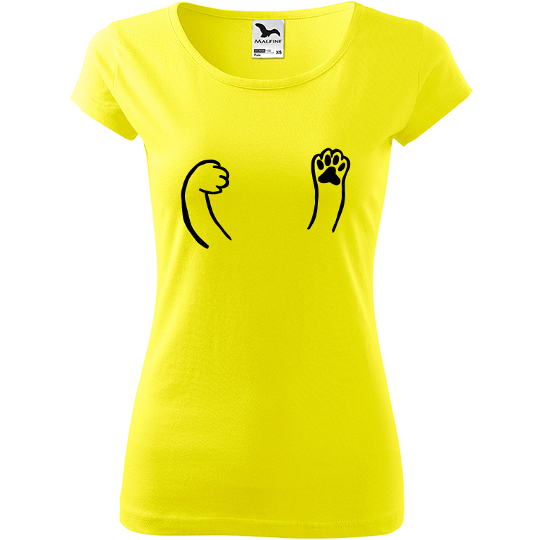 Ručně malované dámské triko Pure - Kočičí packy Velikost trička: XS, Barva trička: CITRONOVÁ, Barva motivu: ČERNÁ