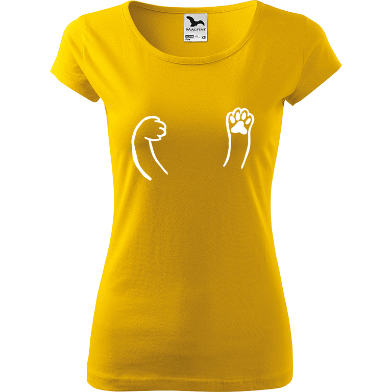 Ručně malované dámské triko Pure - Kočičí packy Velikost trička: S, Barva trička: ŽLUTÁ, Barva motivu: BÍLÁ