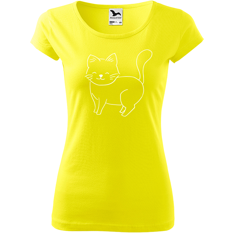 Ručně malované dámské triko Pure - Kočka Velikost trička: M, Barva trička: CITRONOVÁ, Barva motivu: BÍLÁ