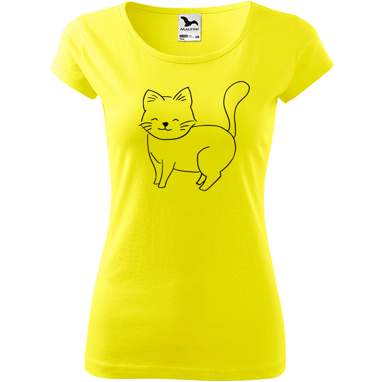 Ručně malované dámské triko Pure - Kočka Velikost trička: L, Barva trička: CITRONOVÁ, Barva motivu: ČERNÁ