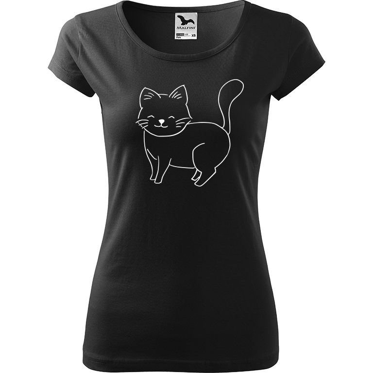 Ručně malované dámské triko Pure - Kočka Velikost trička: XS, Barva trička: ČERNÁ, Barva motivu: BÍLÁ
