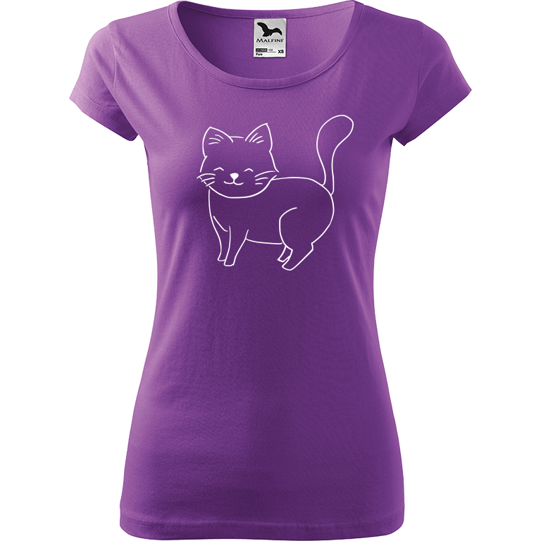 Ručně malované dámské triko Pure - Kočka Velikost trička: XS, Barva trička: FIALOVÁ, Barva motivu: BÍLÁ
