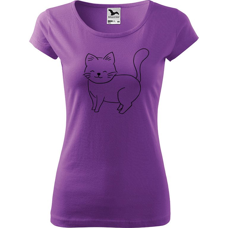 Ručně malované dámské triko Pure - Kočka Velikost trička: S, Barva trička: FIALOVÁ, Barva motivu: ČERNÁ