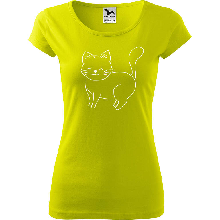 Ručně malované dámské triko Pure - Kočka Velikost trička: XS, Barva trička: LIMETKOVÁ, Barva motivu: BÍLÁ