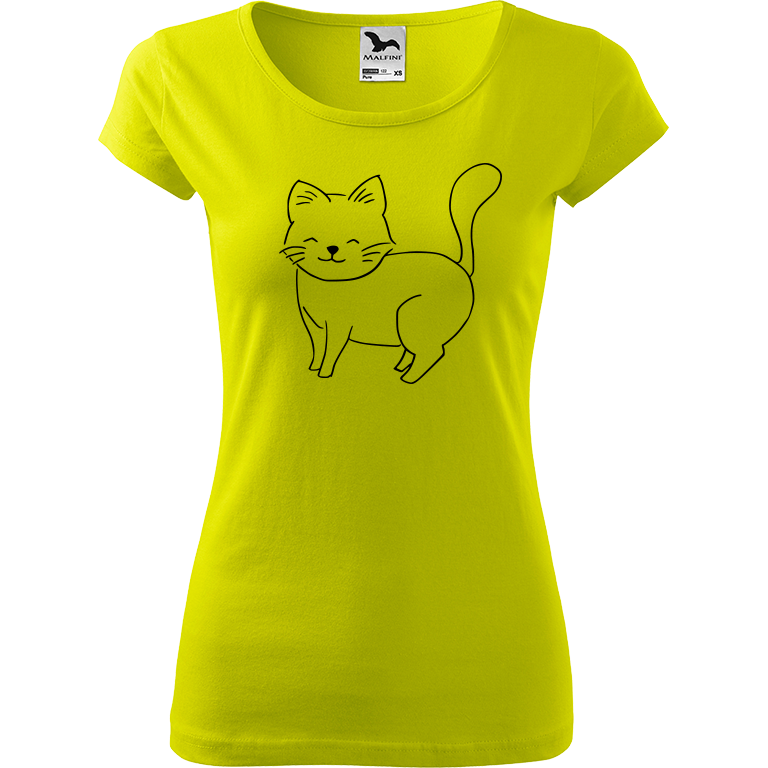 Ručně malované dámské triko Pure - Kočka Velikost trička: L, Barva trička: LIMETKOVÁ, Barva motivu: ČERNÁ