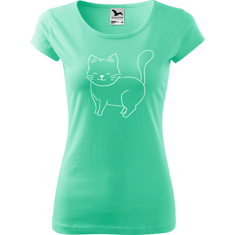 Ručně malované dámské triko Pure - Kočka Velikost trička: M, Barva trička: MÁTOVÁ, Barva motivu: BÍLÁ