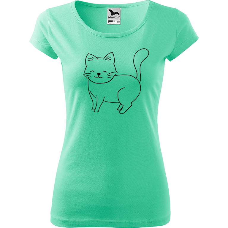Ručně malované dámské triko Pure - Kočka Velikost trička: XL, Barva trička: MÁTOVÁ, Barva motivu: ČERNÁ