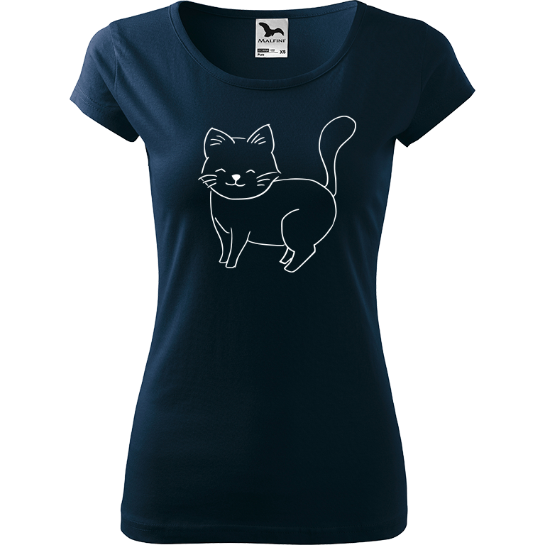 Ručně malované dámské triko Pure - Kočka Velikost trička: M, Barva trička: NÁMOŘNICKÁ MODRÁ, Barva motivu: BÍLÁ