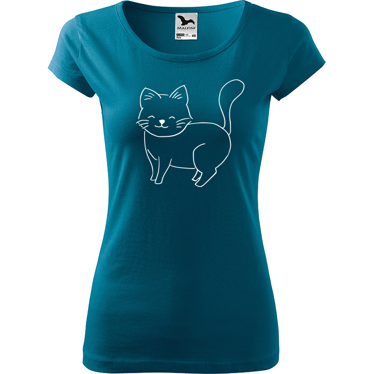 Ručně malované dámské triko Pure - Kočka Velikost trička: XS, Barva trička: PETROLEJOVÁ, Barva motivu: BÍLÁ