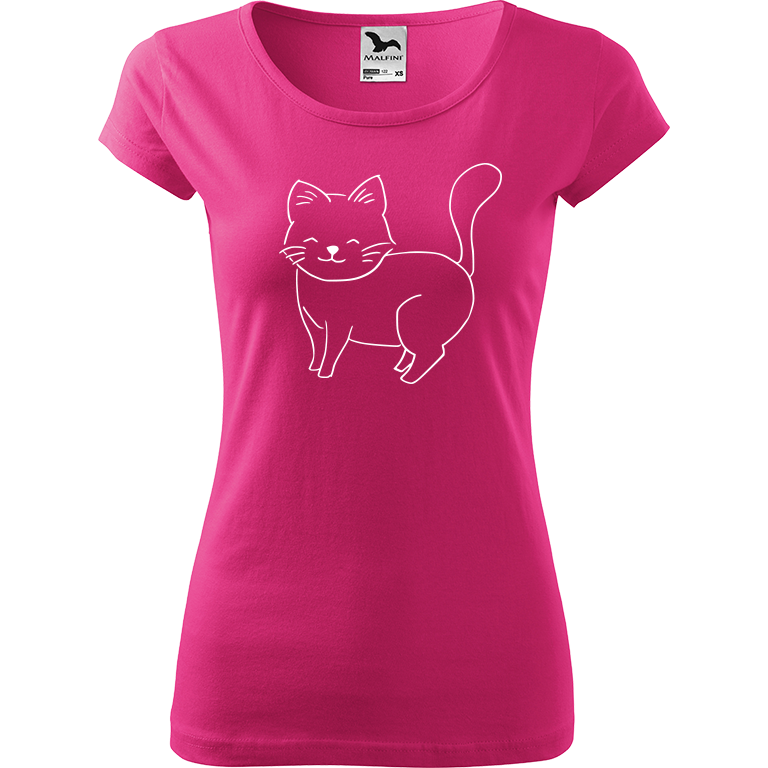 Ručně malované dámské triko Pure - Kočka Velikost trička: M, Barva trička: RŮŽOVÁ, Barva motivu: BÍLÁ