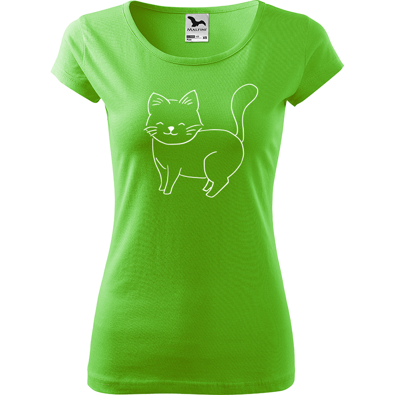 Ručně malované dámské triko Pure - Kočka Velikost trička: XS, Barva trička: SVĚTLE ZELENÁ, Barva motivu: BÍLÁ
