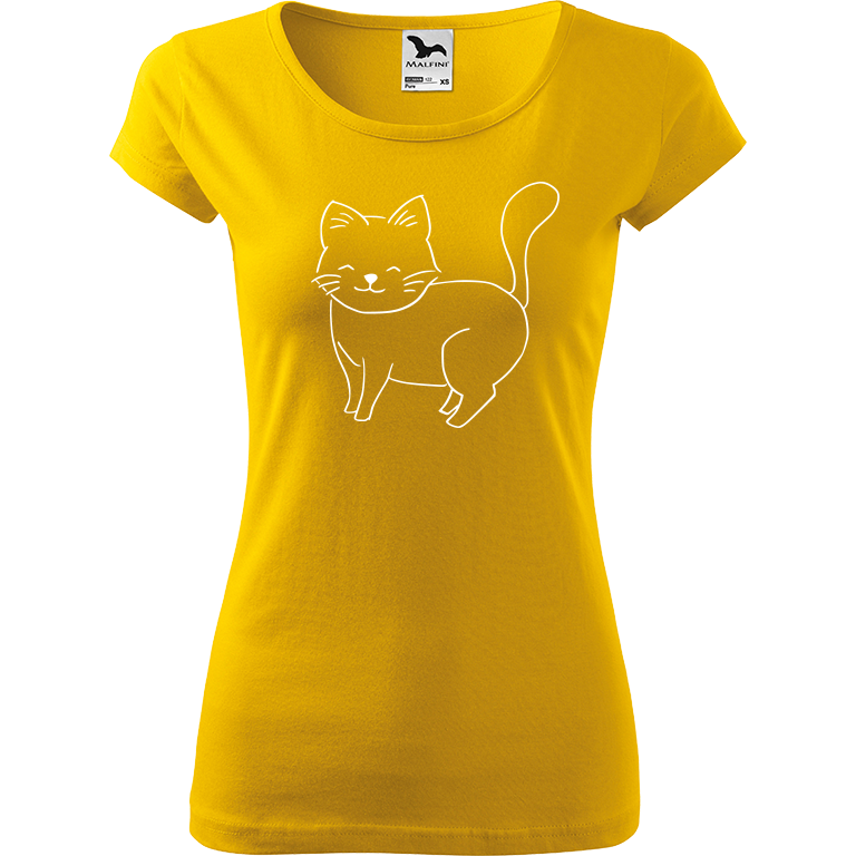 Ručně malované dámské triko Pure - Kočka Velikost trička: XS, Barva trička: ŽLUTÁ, Barva motivu: BÍLÁ