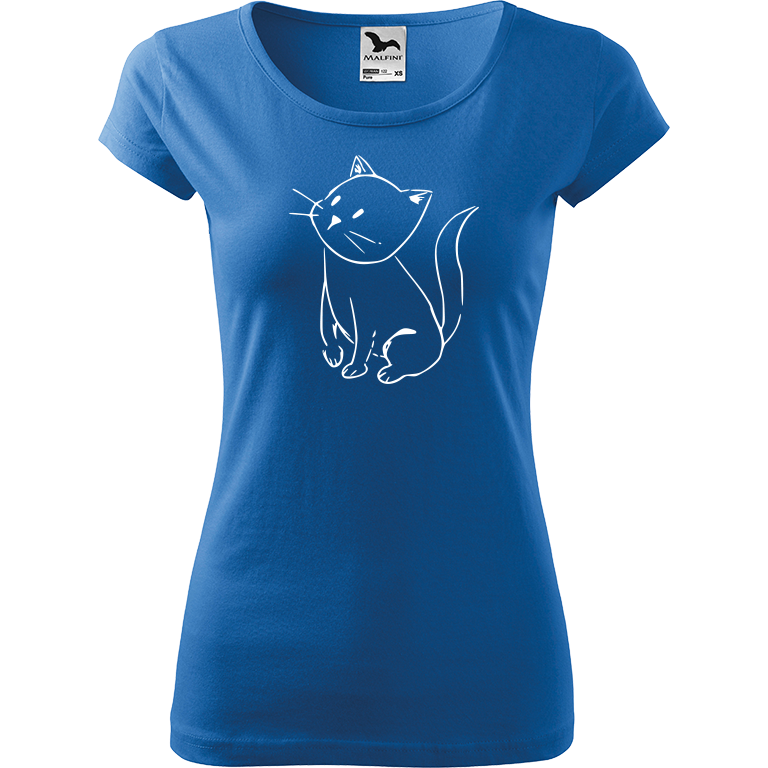 Ručně malované dámské triko Pure - Kotě Velikost trička: M, Barva trička: AZUROVÁ, Barva motivu: BÍLÁ