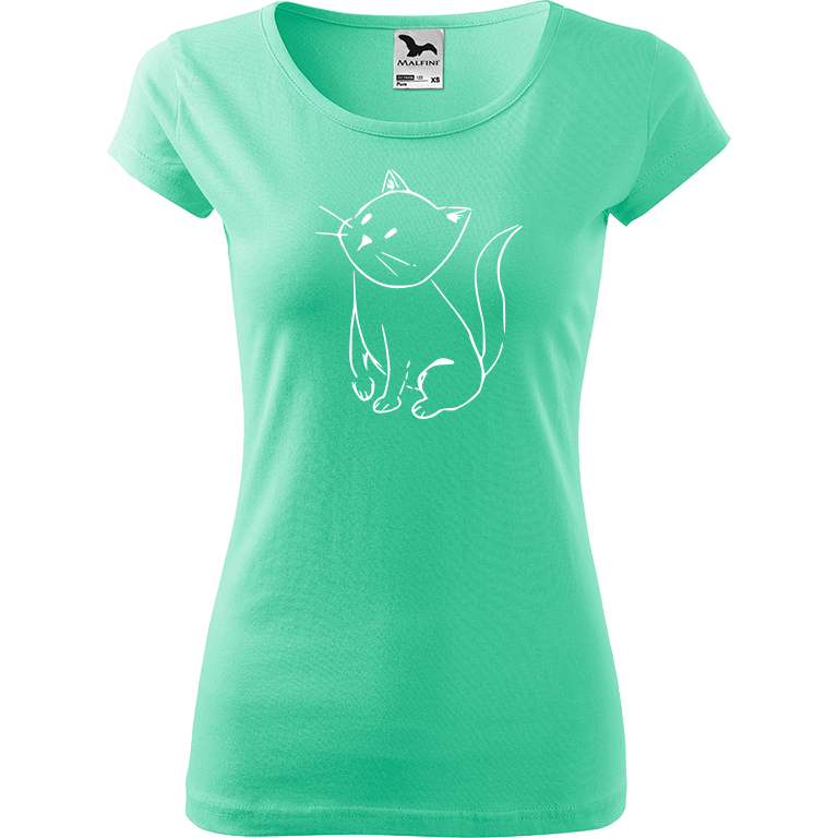 Ručně malované dámské triko Pure - Kotě Velikost trička: XS, Barva trička: MÁTOVÁ, Barva motivu: BÍLÁ
