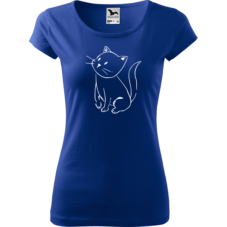 Ručně malované dámské triko Pure - Kotě Velikost trička: XS, Barva trička: MODRÁ, Barva motivu: BÍLÁ