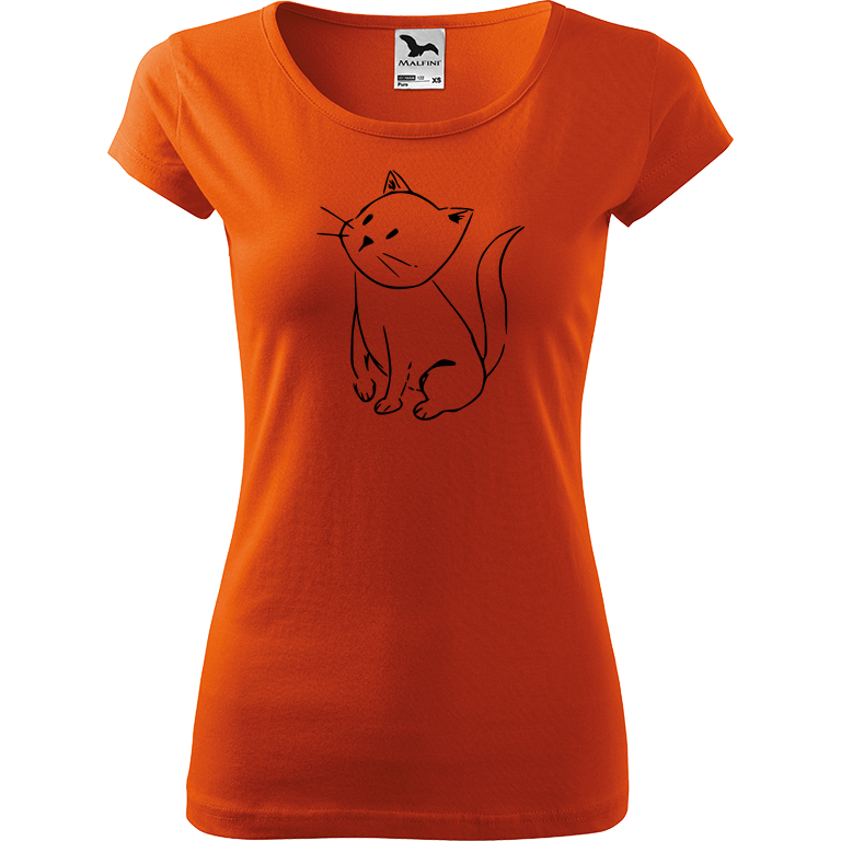 Ručně malované dámské triko Pure - Kotě Velikost trička: L, Barva trička: ORANŽOVÁ, Barva motivu: ČERNÁ
