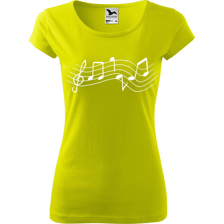 Ručně malované dámské triko Pure - Noty rovně Velikost trička: XS, Barva trička: LIMETKOVÁ, Barva motivu: BÍLÁ