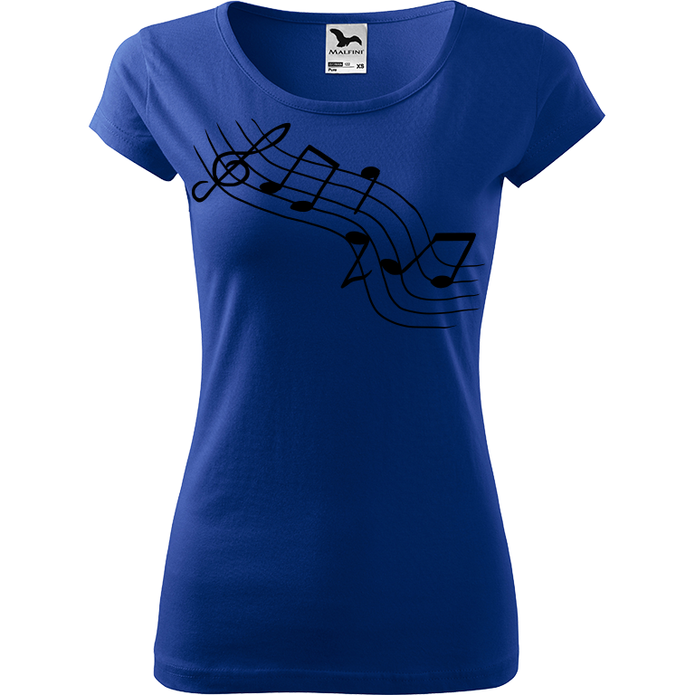 Ručně malované dámské triko Pure - Noty šikmě Velikost trička: L, Barva trička: MODRÁ, Barva motivu: ČERNÁ