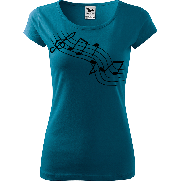 Ručně malované dámské triko Pure - Noty šikmě Velikost trička: XL, Barva trička: PETROLEJOVÁ, Barva motivu: ČERNÁ