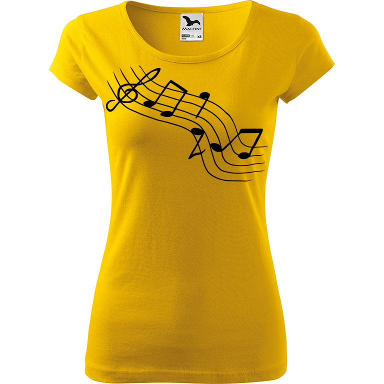 Ručně malované dámské triko Pure - Noty šikmě Velikost trička: XL, Barva trička: ŽLUTÁ, Barva motivu: ČERNÁ