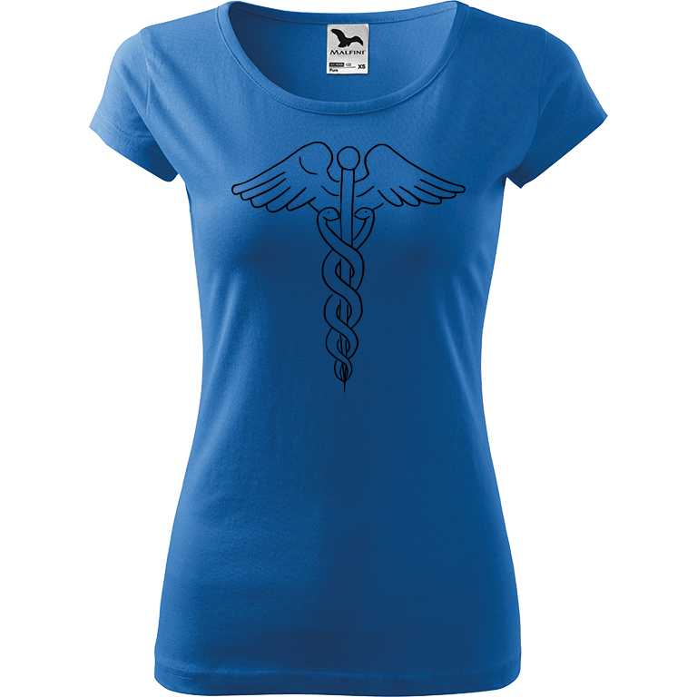 Ručně malované dámské triko Pure - Caduceus Velikost trička: L, Barva trička: AZUROVÁ, Barva motivu: ČERNÁ