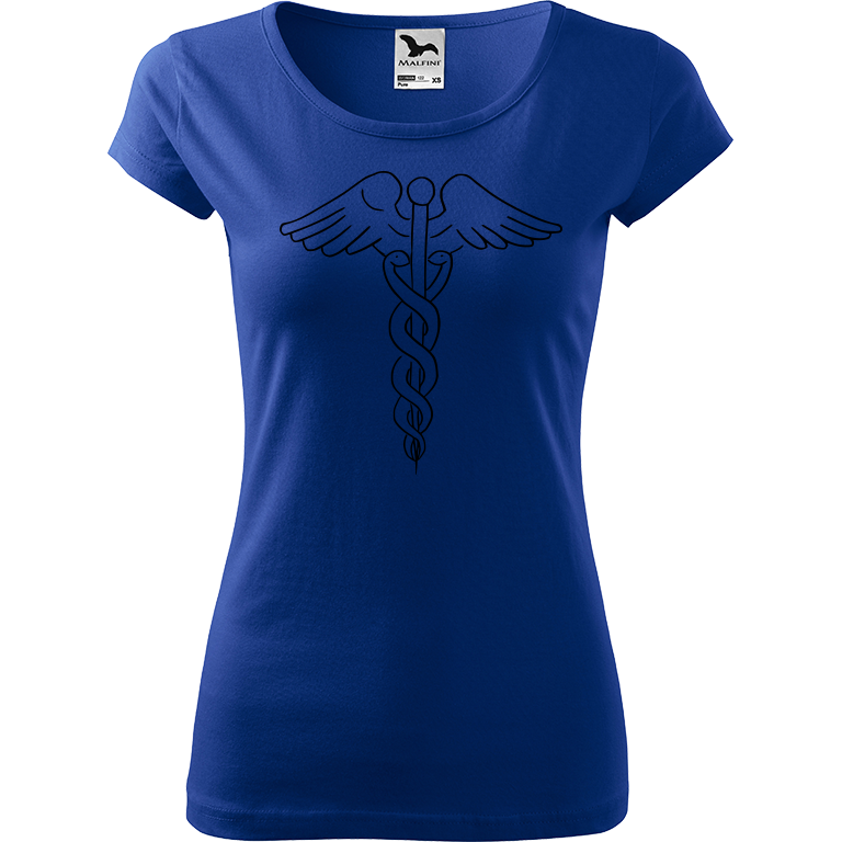 Ručně malované dámské triko Pure - Caduceus Velikost trička: L, Barva trička: MODRÁ, Barva motivu: ČERNÁ