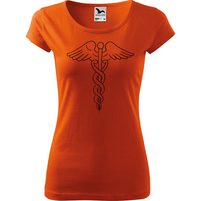 Ručně malované dámské triko Pure - Caduceus Velikost trička: XL, Barva trička: ORANŽOVÁ, Barva motivu: ČERNÁ
