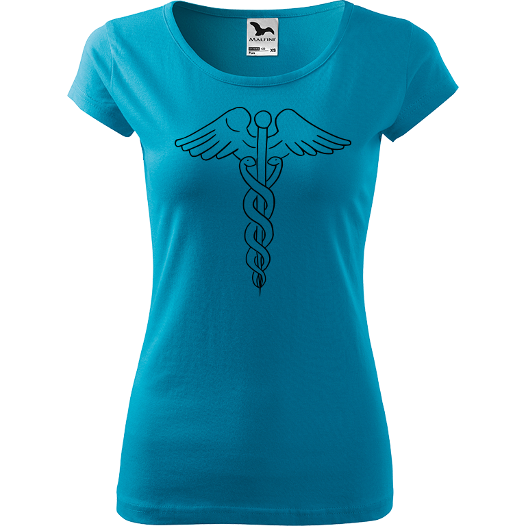 Ručně malované dámské triko Pure - Caduceus Velikost trička: L, Barva trička: TYRKYSOVÁ, Barva motivu: ČERNÁ