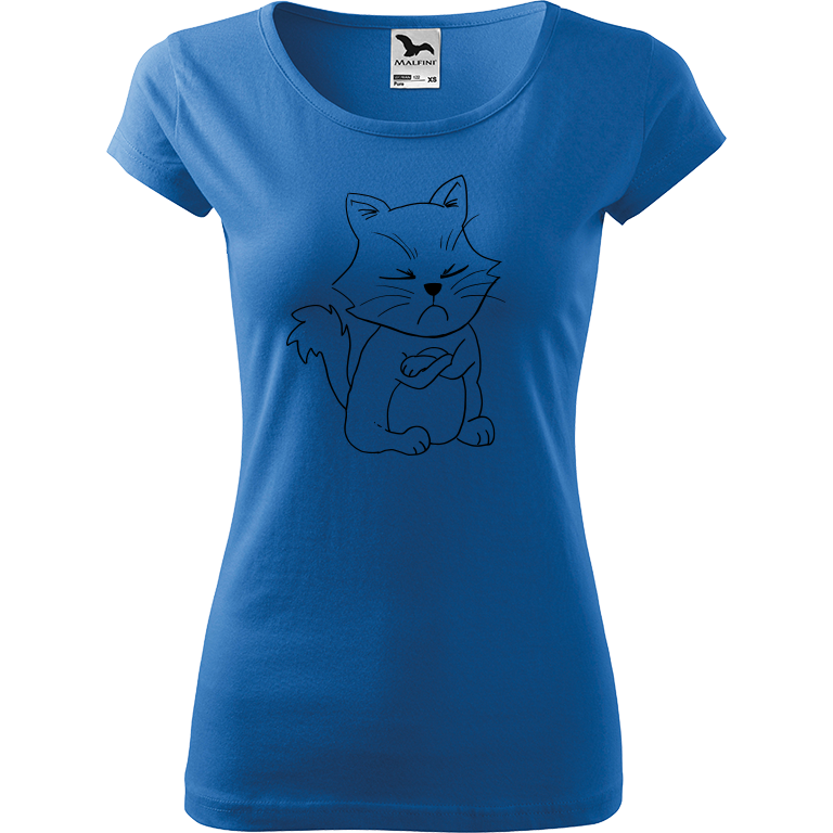 Ručně malované dámské triko Pure - Grumpy Kitty Velikost trička: XXL, Barva trička: AZUROVÁ, Barva motivu: ČERNÁ
