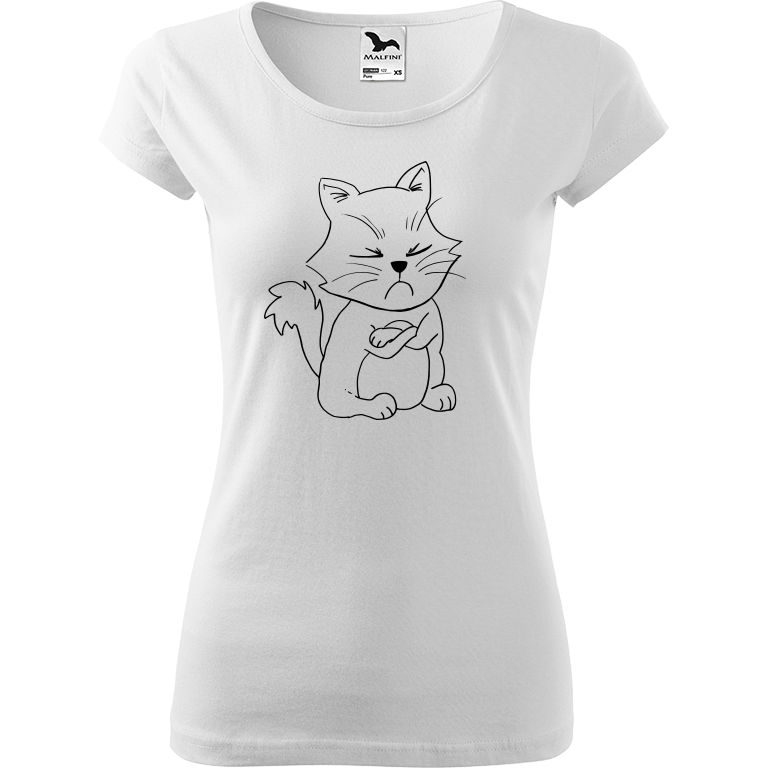 Ručně malované dámské triko Pure - Grumpy Kitty Velikost trička: XXL, Barva trička: BÍLÁ, Barva motivu: ČERNÁ