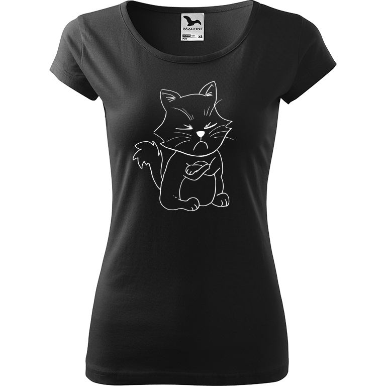 Ručně malované dámské triko Pure - Grumpy Kitty Velikost trička: L, Barva trička: ČERNÁ, Barva motivu: BÍLÁ