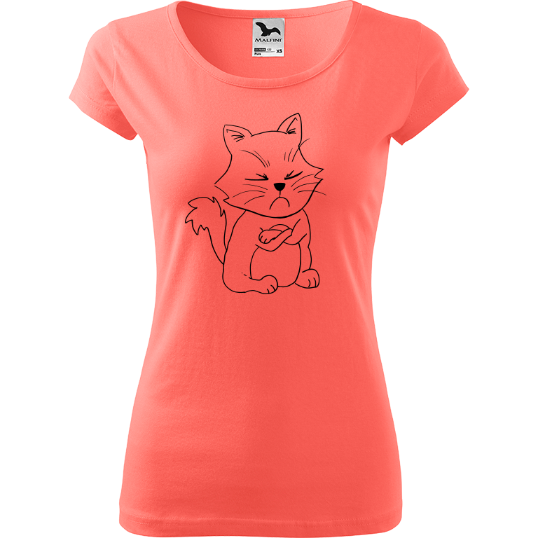 Ručně malované dámské triko Pure - Grumpy Kitty Velikost trička: XXL, Barva trička: KORÁLOVÁ, Barva motivu: ČERNÁ