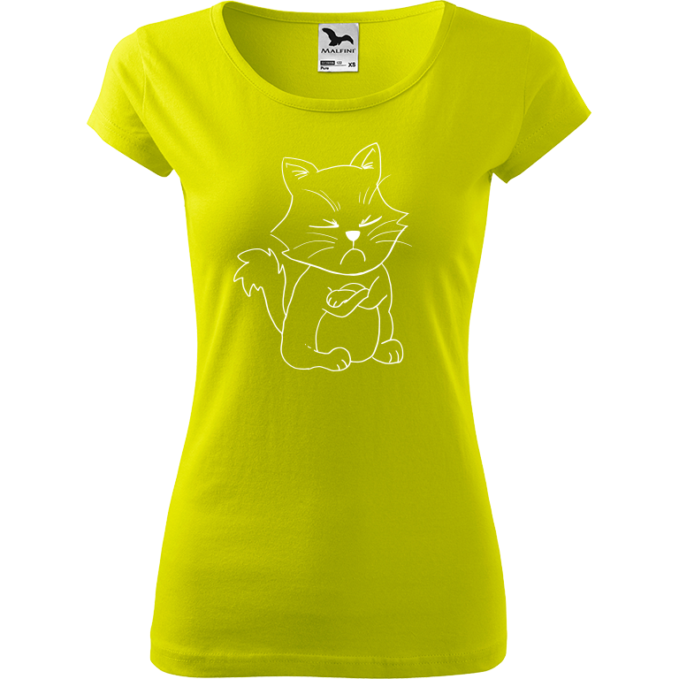Ručně malované dámské triko Pure - Grumpy Kitty Velikost trička: XL, Barva trička: LIMETKOVÁ, Barva motivu: BÍLÁ