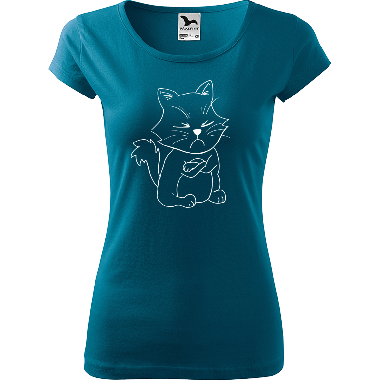 Ručně malované dámské triko Pure - Grumpy Kitty Velikost trička: XL, Barva trička: PETROLEJOVÁ, Barva motivu: BÍLÁ