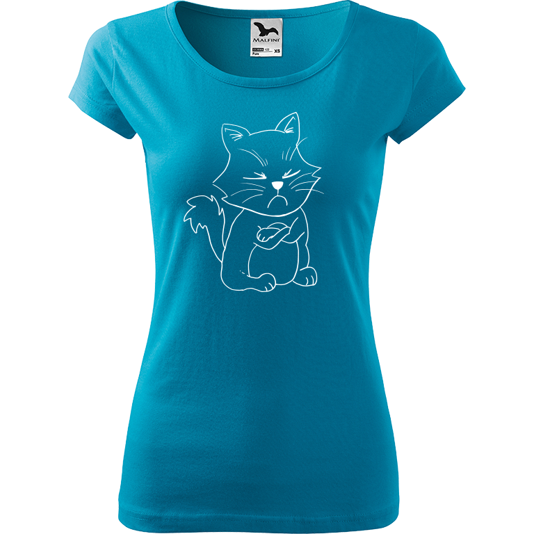 Ručně malované dámské triko Pure - Grumpy Kitty Velikost trička: XL, Barva trička: TYRKYSOVÁ, Barva motivu: BÍLÁ