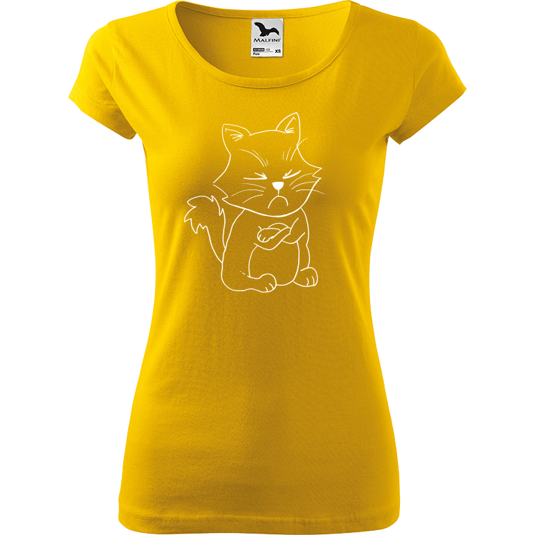 Ručně malované dámské triko Pure - Grumpy Kitty Velikost trička: XL, Barva trička: ŽLUTÁ, Barva motivu: BÍLÁ