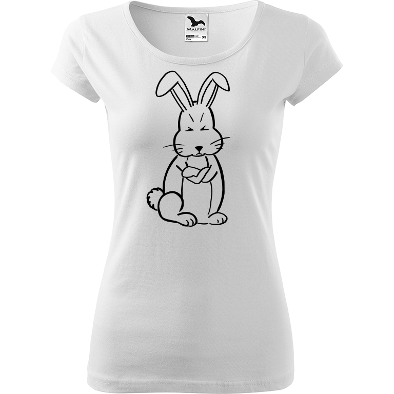 Ručně malované dámské triko Pure - Grumpy Rabbit Velikost trička: L, Barva trička: BÍLÁ, Barva motivu: ČERNÁ