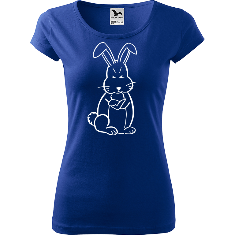 Ručně malované dámské triko Pure - Grumpy Rabbit Velikost trička: XL, Barva trička: MODRÁ, Barva motivu: BÍLÁ