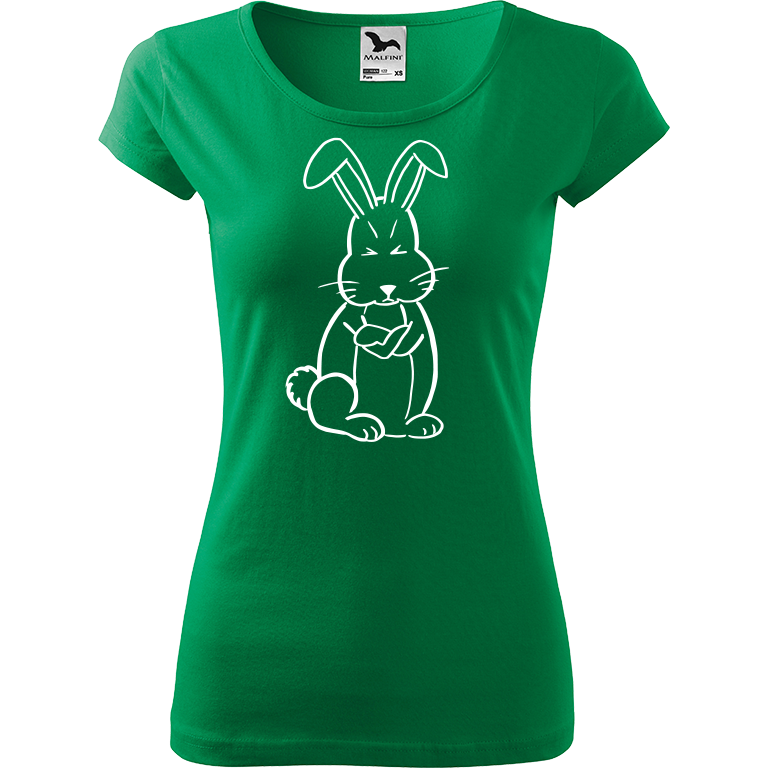 Ručně malované dámské triko Pure - Grumpy Rabbit Velikost trička: S, Barva trička: STŘEDNĚ ZELENÁ, Barva motivu: BÍLÁ