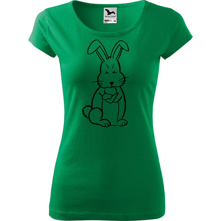 Ručně malované dámské triko Pure - Grumpy Rabbit Velikost trička: XXL, Barva trička: STŘEDNĚ ZELENÁ, Barva motivu: ČERNÁ